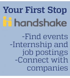 Log into Handshake to find events, internship and job postings, and connect with companies