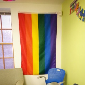 Rainbow flag hanging in LGBTQ Office