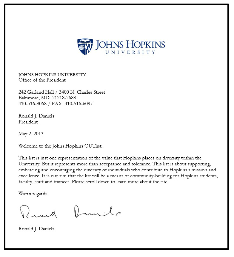 A signed letter from President Daniels, encouraging acceptance, tolerance, and support with individuals and their diversities. 