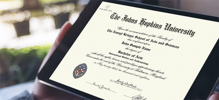 Tablet displaying digital JHU diploma