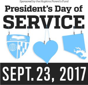 president's day of service sign with 9/23/17 and sponsored by the Hopkins Parent's Fund