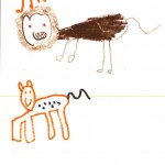 A child's crayon drawing of 2 animals.