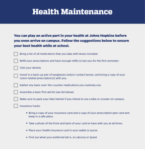 Health checklist for incoming students