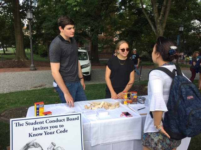 Conduct Board officials chat with students during Blue Jay Day