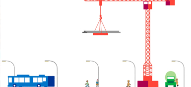 Illustration of crane above city street