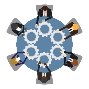 An illustration of six people sitting around a table with gears in front of them, symbolizing cooperation