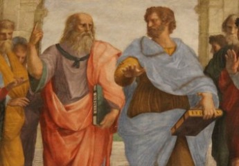 Detail from the painting "The School of Athens" by Raphael, showing the philosophers Aristotle and Plato looking at each other