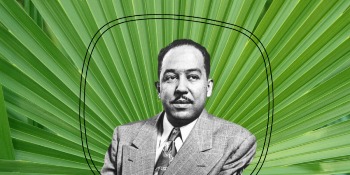 A photograph of Langston Hughes on a green illustrated background