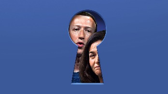 An illustration of Mark Zuckerberg and Sheryl Sandberg of Facebook peeking through a keyhole