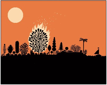 An illustrated silhouette of trees on an orange and black background