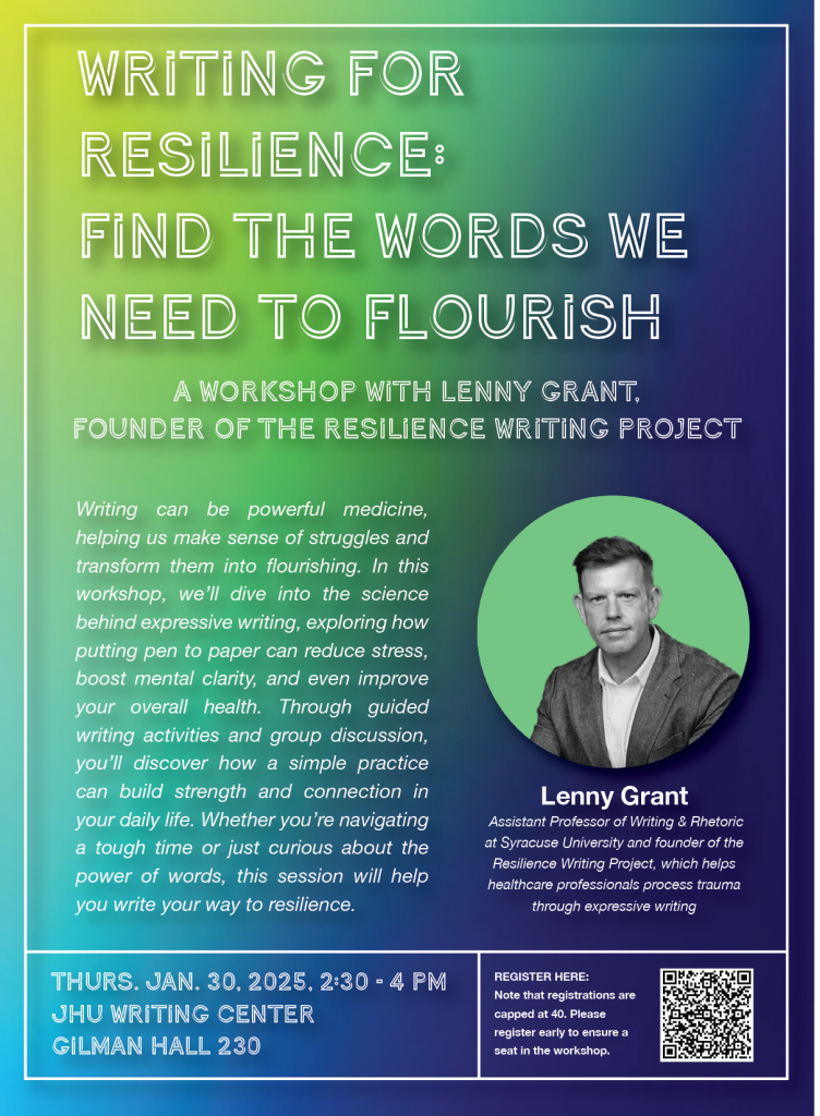 A colorful poster featuring a green and blue abstract background and text promoting a writing workshop at Johns Hopkins University featuring Dr. Lenny Grant.