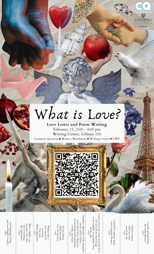 A full-color collage featuring images associated with love, including a photograph of intertwined hands, a candle, a cupid statue, and a heart-shaped lollipop.