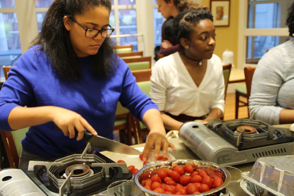 Students preparing ingredients.