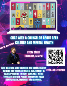 Chat with a Counselor about Geek Culture and Mental Health @ Zoom