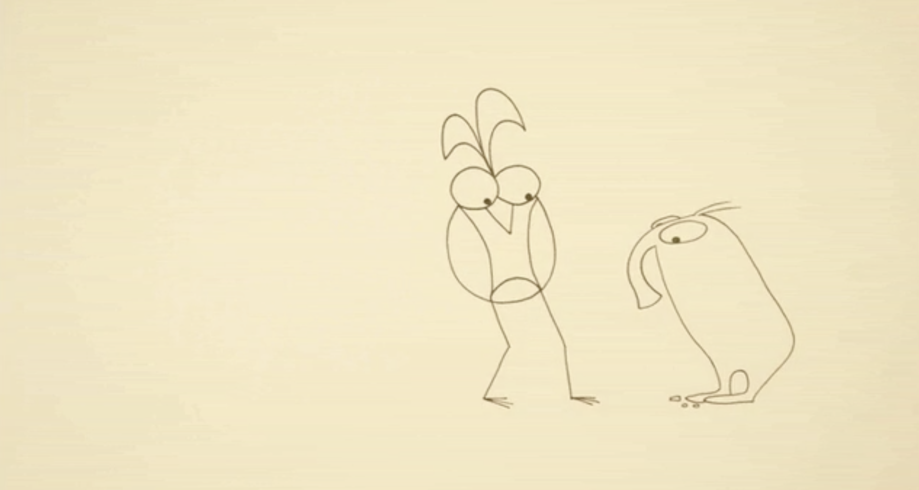 Frame from a Stephanie Smith animation of two line drawing figures look down
