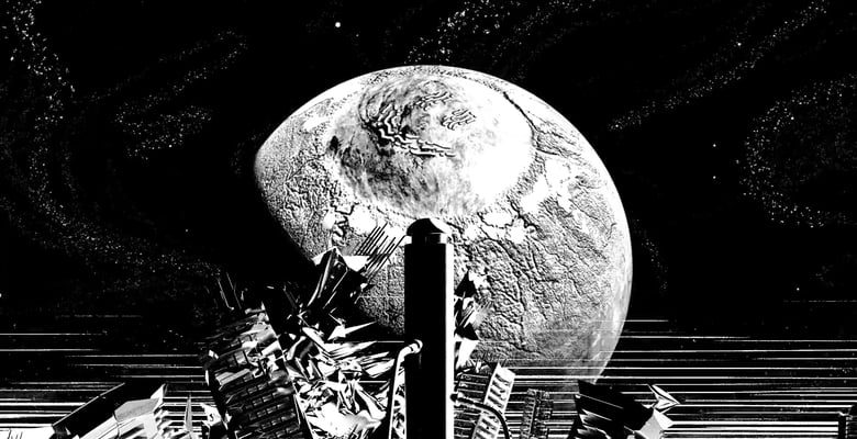 Abstract artwork in black and white depicting an unknown planet.