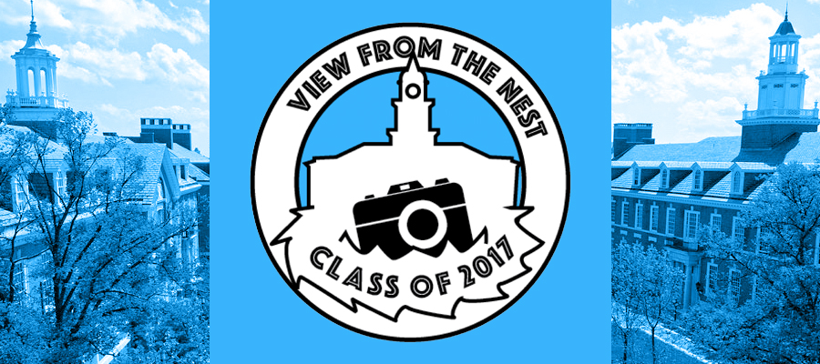 Graphic artwork of an outline drawing of Gilman Hall with a drawn camera in front and the words, "View From the Nest Class of 2017".