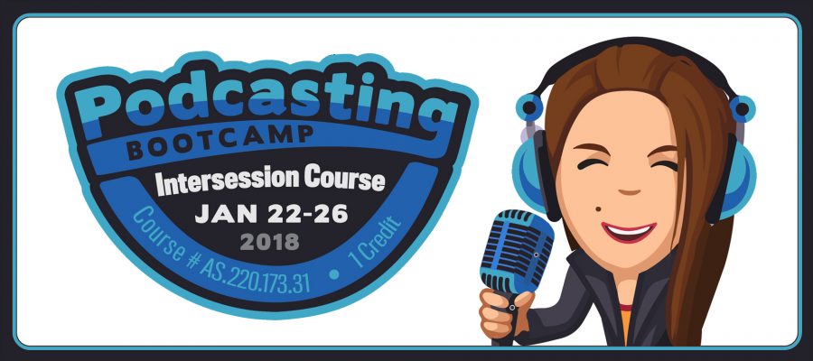 Animated graphic artwork showing a female character with headphones and a microphone with the title "Podcast Boot camp Intersession Course".