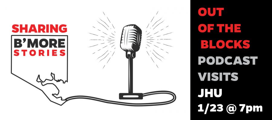 A graphic design of a microphone and the cord that connects to the outline of the state of Maryland with the title, "Sharing B'more Stories".