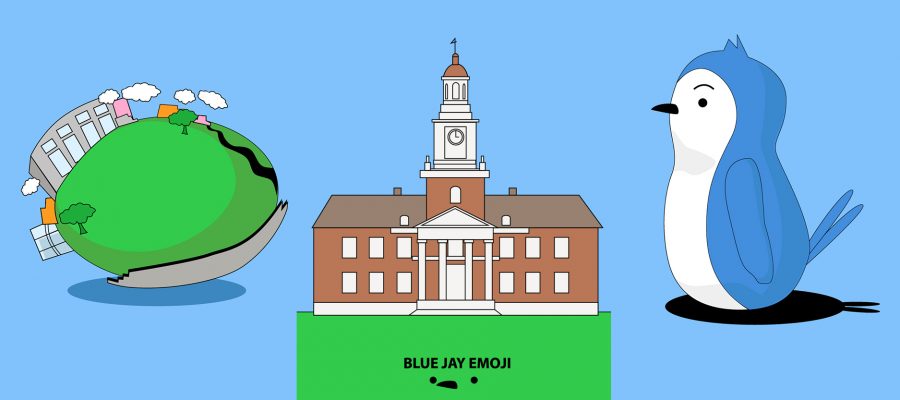 Animated images of a blue jay, Gilman Hall, and the Earth with buildings.