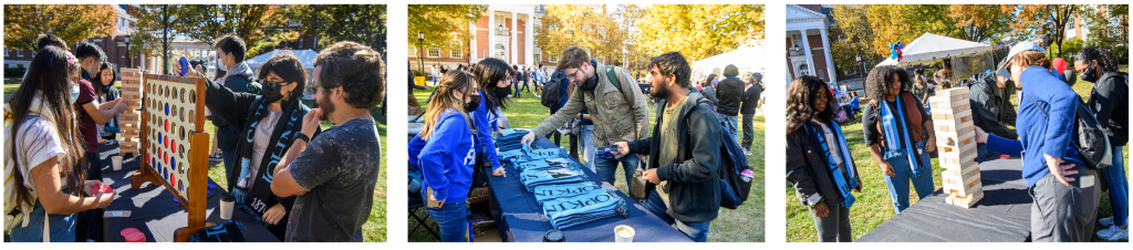 A collage of photos of students playing games and participating in activities at FLI Day, including Connect Four, picking up commemorative scarves, and entering a raffle