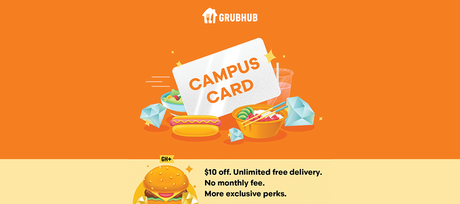 An illustration of a campus payment card surrounded by delivery food to promote GrubHub's Student membership