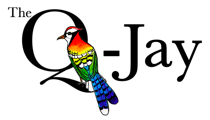 text: the Q-Jay with a rainbow-colored blue jay perched in the Q