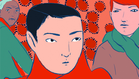 Illustration of people eying each other with suspicion while dealing with the fear of Coronavirus.