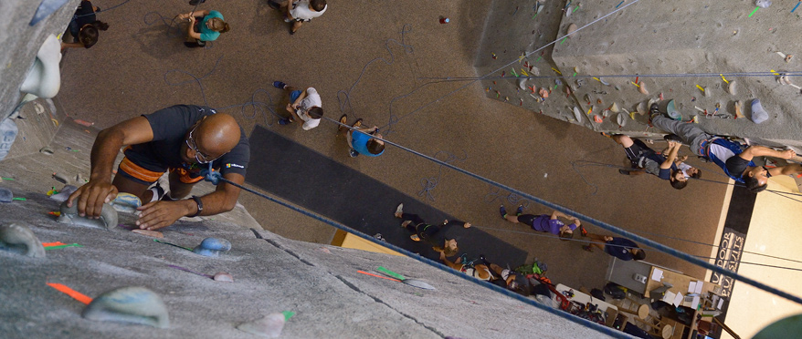 A student using the climbing wall.