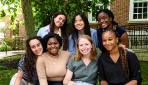 A photo of the 2022 CIIP Peer mentors, Caroline, Cionne, Genesis, Koye, Lais, Sigrid, Siena, and Stacey. Part of the Center for Social Concern programming.