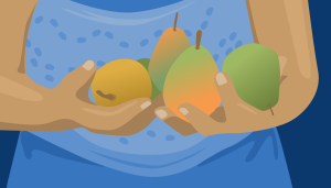 B'more 2022 class Nutrition and the Community. Graphic of a person holding pears and apples.