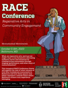 Flyer for the Reparative Arts in Community Engagement (RACE). The flyer shows Brinae singing into a mic, with one leg raised - in the middle of dancing on top of monument. Brinae is wearing a colorful denim jacket with bright green and purple sequins. 