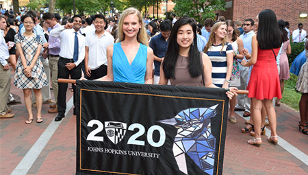 Students holding up class banner at convocation