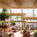Interior rendering of the Student Center with students walking through a sunlit atrium.